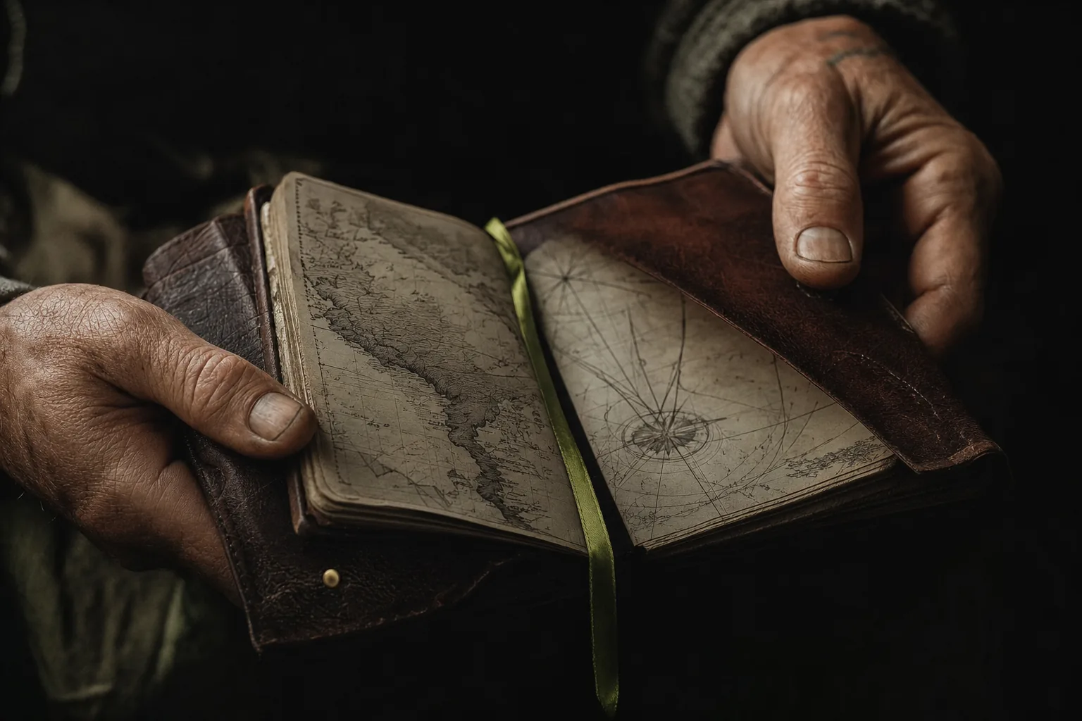 Mains tenant un carnet de voyage en cuir ouvert sur une carte dessinée, ruban chartreuse.
