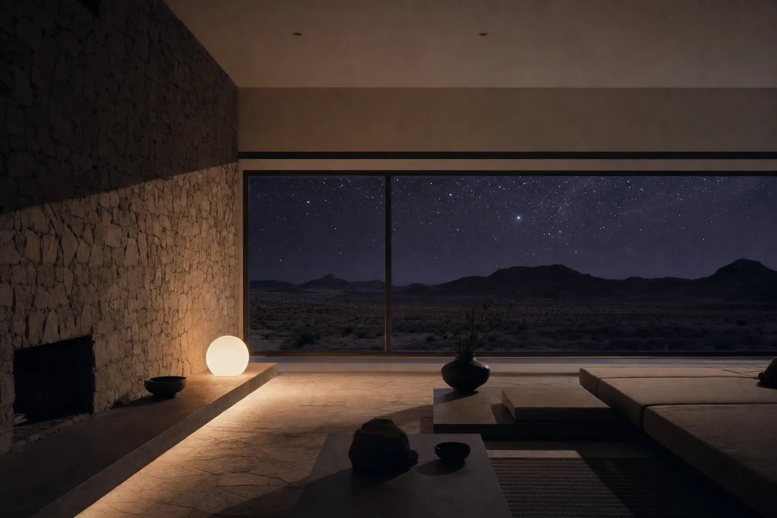 Intérieur d'une villa moderniste dans le désert d'Atacama la nuit, grande baie vitrée ouverte sur un ciel étoilé.